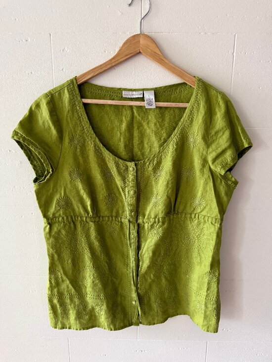 Sarah Spencer Tops - Sarah Spencer | Linen Embroidered Green Button Down Boho Shirt | Large